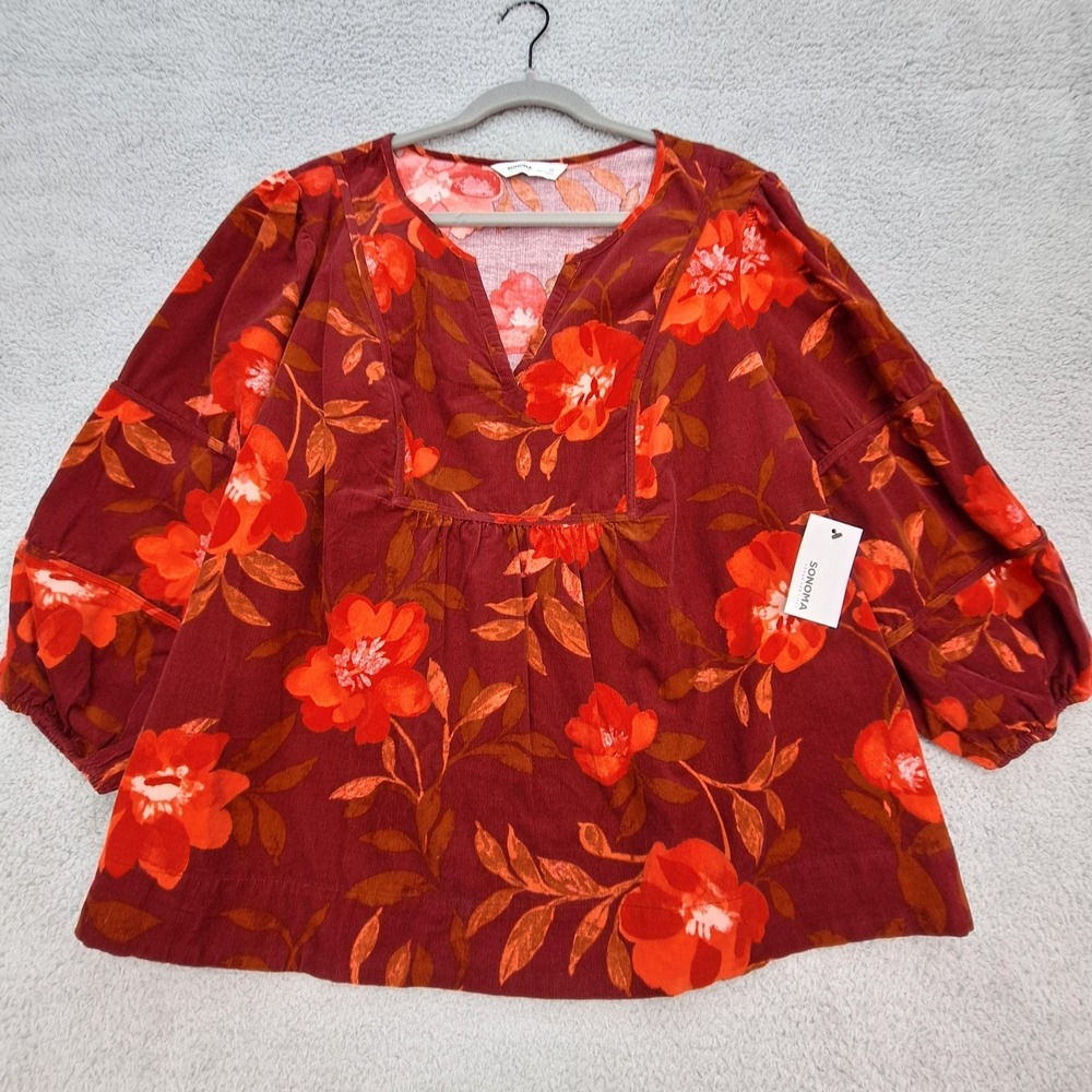 Sonoma Goods For Life Shirt Womens 2X Burgundy Red Floral‎ Peasant Boho Babydoll